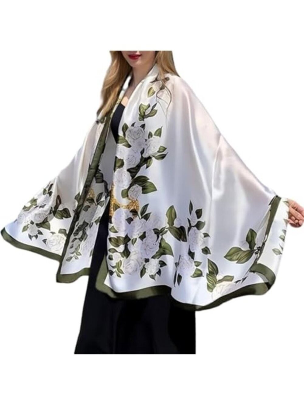 Elegant Silky Scarf Shawl White & Green Floral Satin Scarf Trendy Silky